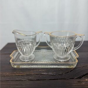 Jeannette Clear Glass Creamer and Sugar Set with Gold Trim - Home Dining